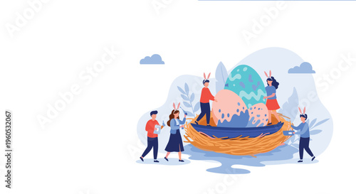 Group of people wearing bunny ears decorate giant colorful eggs in a large nest for a community easter holiday celebration.
