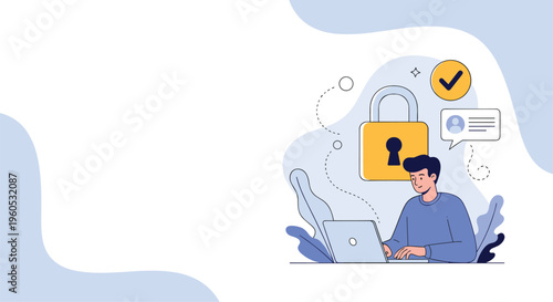Young man works on a laptop with a giant padlock icon and checkmark above to represent secure data and internet safety.