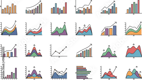 Numerous colorful area charts and stacked bar graphs illustrate complex statistical relationships across multiple variables in.