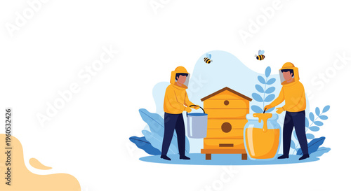 Skilled beekeepers wearing protective suits work together to harvest fresh honey from a wooden hive in an outdoor apiary.
