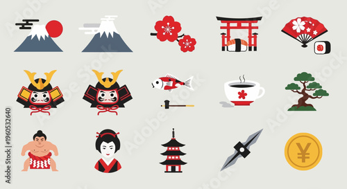Japan Culture Icons: Mount Fuji, Samurai, Geisha, Torii Gate, Fan, Sumo, Bonsai
