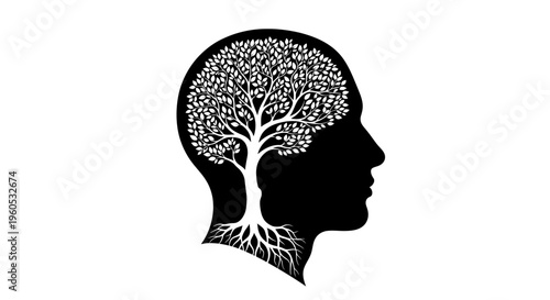 Human Head Silhouette with Growing Tree Concept, Mental Health and Personal Growth Illustration, Mindfulness, Wisdom, and Knowledge Awareness, Psychology and Wellness Abstract Brain Design