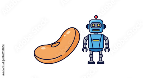 Curious digital illustration featuring a classic blue robot standing next to an organic bean shape