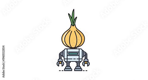 A whimsical illustration of an innovative robot featuring a fresh onion for a head blending nature
