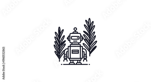 Charming minimalist robot icon surrounded by organic botanical leaf elements in a monochrome flat