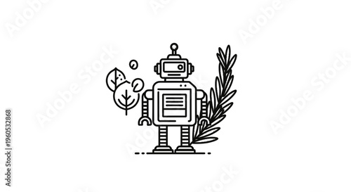 eco-friendly robot standing gracefully amidst organic botanical elements promoting sustainable