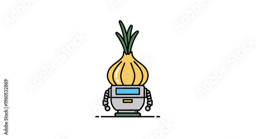 Amusing digital artwork portraying an android body topped with a fresh onion bulb and green shoots