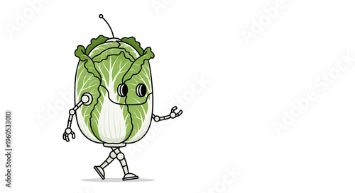 Whimsical illustration of a robotic napa cabbage character with an antenna walking playfully