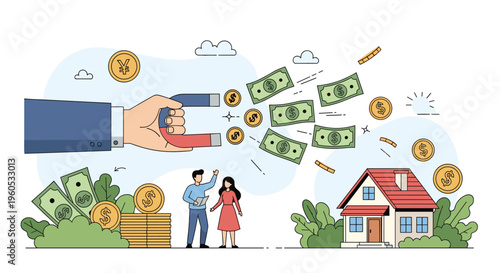 Giant magnet held by a hand attracts coins and cash to help a young couple afford their first suburban family home purchase.