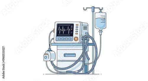 Professional medical ventilator and heart monitor unit with an IV drip bag and tubes used in intensive care hospital units.