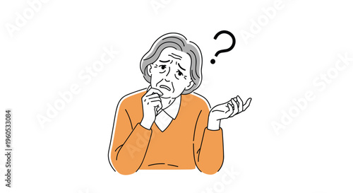 Elderly woman looks confused with a question mark above her head while holding her chin in a thoughtful and worried pose.