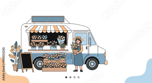 Female florist stands in front of a mobile flower truck filled with various blooming plants and colorful floral arrangements.