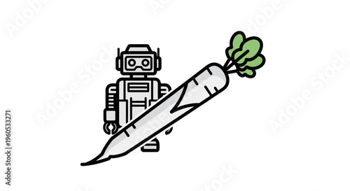 A Charming Line Art Robot Character Happily Displays a Large Daikon Radish with Vibrant Green Leaves