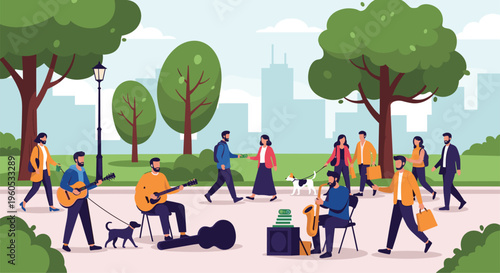 Lively city park scene features street musicians playing guitar and saxophone while people walk dogs and enjoy the outdoors.