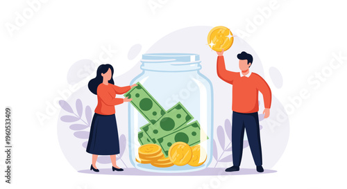 Man and woman work together to save money by putting green banknotes and gold coins into a large glass savings jar together.