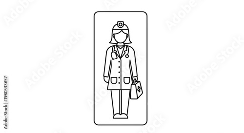Detailed line art illustration of a dedicated female doctor ready for patient care