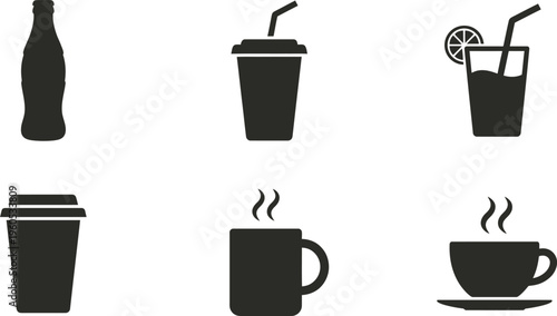 Collection of beverage containers and hot drinks