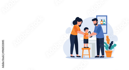 Caring parents teach their young child how to wash their hands properly at a sink to maintain good hygiene and health habits.