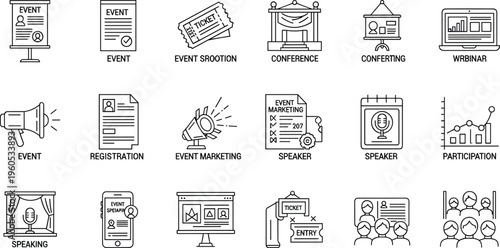 Event Management and Conference Icons Set Featuring Registration, Ticketing, Speaker, Marketing, and Participation