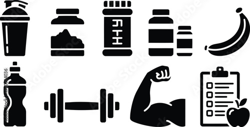 A comprehensive set of monochrome icons for fitness and nutritional support