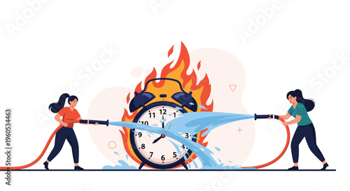 Two women act as firefighters using water hoses to extinguish a fire on a giant alarm clock to symbolize beating a deadline.