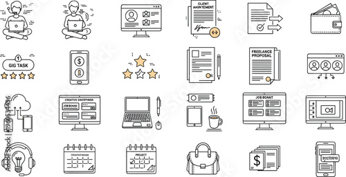 Freelance Work and Business Icon Set Featuring Gig Task, Client Proposal, Payment, Calendar, Laptop, Job Listing, and Creative Workspace Tools in Black and White