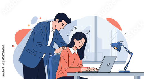 Illustration depicts a serious case of workplace sexual harassment as a male colleague touches a woman while she is working.