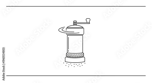 Minimalist line art illustration of a hand grinder actively dispensing ground ingredients