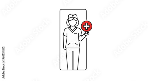 Stylized linear illustration of a medical professional, a female nurse, holding a clear red health