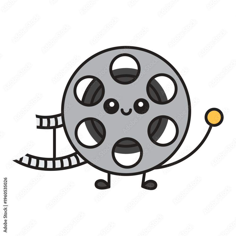 Fototapeta premium Film Reel Character with Happy Face Holding Movie Strip Flat Vector Illustration Design
