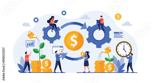Business people collaborate to grow their finances by watering coin plants and managing various investment cycles and gears.