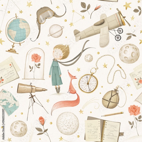 Seamless little prince pattern. Cute cartoon style. Little boy, fox, rose, airplane, planets and stars. Light background.