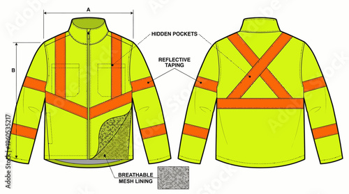 Detailed technical illustration of a hi-visibility jacket showcasing reflective tape, pockets, and mesh lining from multiple angles