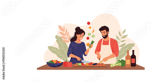 Happy couple cooking healthy meal together in the kitchen with fresh organic vegetables and ingredients on wooden table.