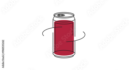 Minimalist graphic illustration of a vibrant red beverage can with dynamic swirling lines