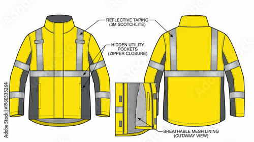 High-visibility safety jacket with reflective detailing and functional features, presented in a technical illustration