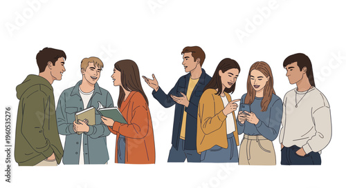 Diverse young adults in casual conversation, discussing ideas, learning, and connecting.