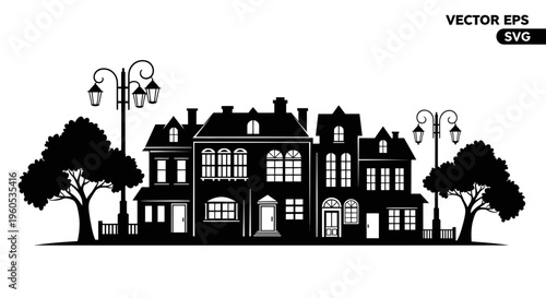 Silhouetted Old Town Buildings with Streetlights and Trees