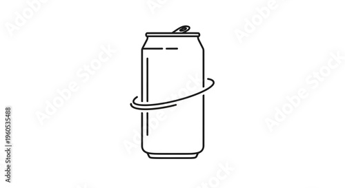 Minimalist black line art illustration of a sleek beverage can with a dynamic circular design