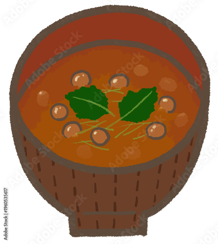  木のお椀に入ったなめこと三つ葉の赤だし、シンプルでかわいくデフォルメされた手描き風のイラスト