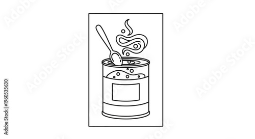 Line art illustration of a steaming can with a spoon, symbolizing convenience food or a warm meal