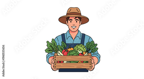 Friendly local farmer wearing a straw hat and blue overalls proudly holding a wooden crate full of fresh organic vegetables.