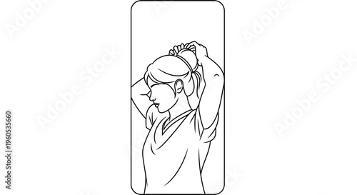 Woman elegantly styling her hair into a bun, a simple daily self-care routine and graceful posture