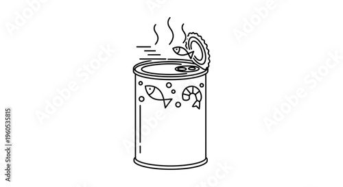 Minimalist line art illustration of an open tin can with steaming seafood, showing fish and shrimp