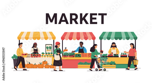 Busy outdoor farmers market scene with diverse vendors selling fresh produce like pumpkins and leafy greens to customers.