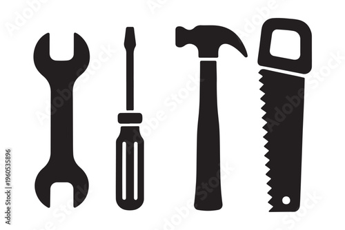 Hand tools set icon with wrench hammer screwdriver and pliers.