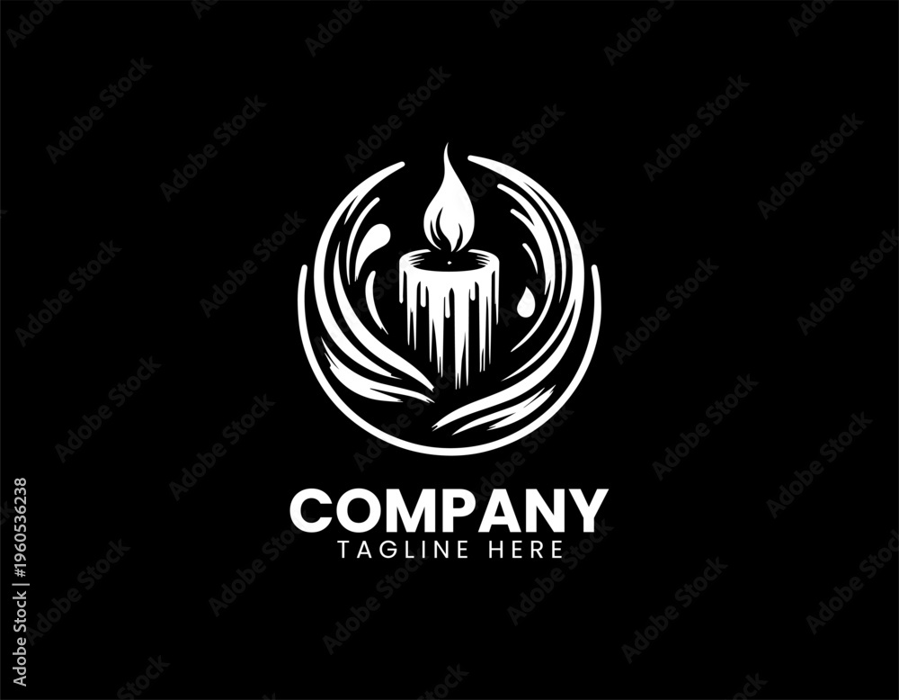 Fototapeta premium Melting candle with flame in abstract swirl black vector logo illustration isolated on white background