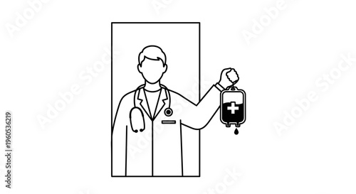 A dedicated medical professional displays a blood donation bag in a clear, illustrative line art