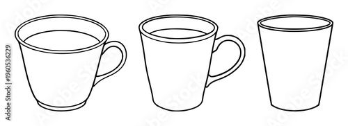 Cup set with simple line art design featuring coffee mug, beverage vessel, ceramic item with outline and minimalist aesthetic
