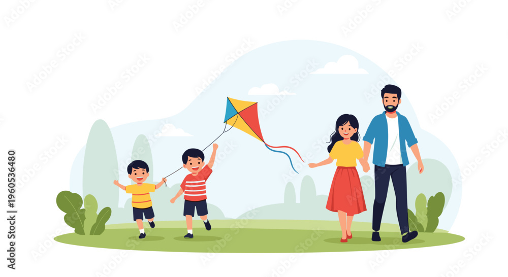 Fototapeta premium Happy family with parents and young children flying a colorful kite in a beautiful green park during a sunny summer day.